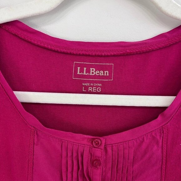 L.L. Bean Top Women Large Pink Henley Long Sleeve Pintuck Round Neck Pullover - Picture 3 of 6